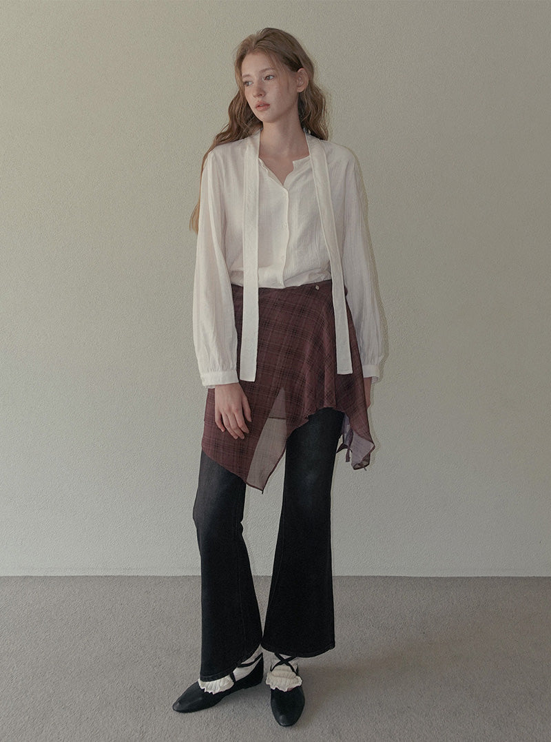 Bulkin wrinkle pintuck tie long sleeve blouse
