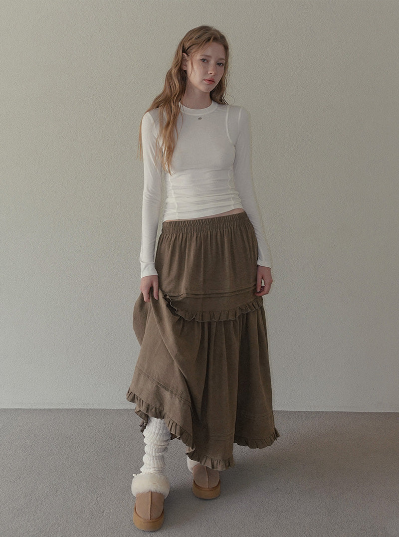 Ridil suede frill flare long skirt