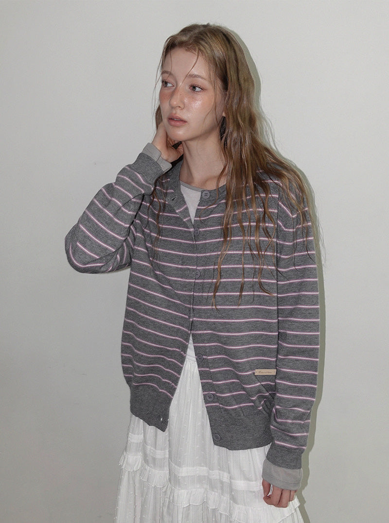 Turns stripe round neck long sleeve cardigan