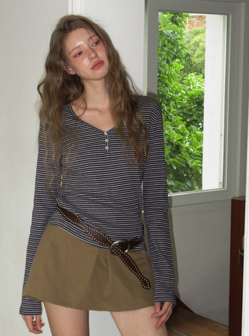 Goben stripe button long sleeve T-shirt