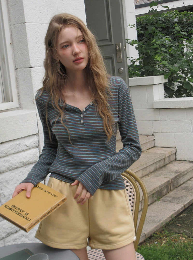 Goben stripe button long sleeve T-shirt