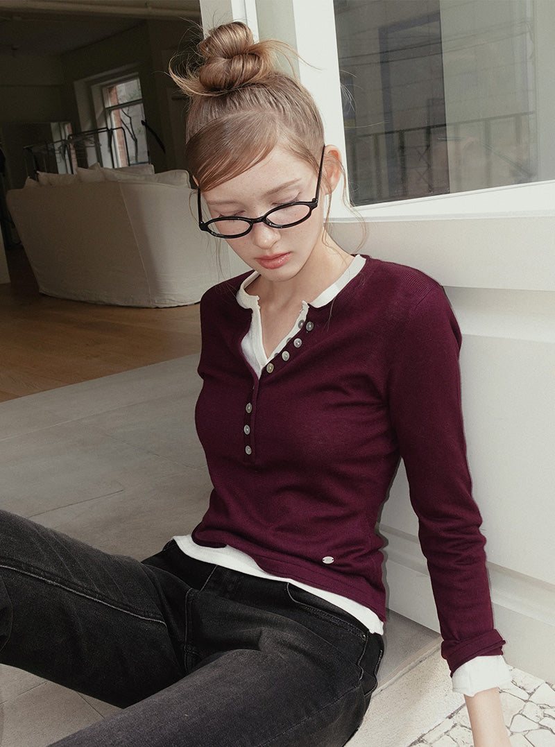 Kidit button V-neck long sleeve knit