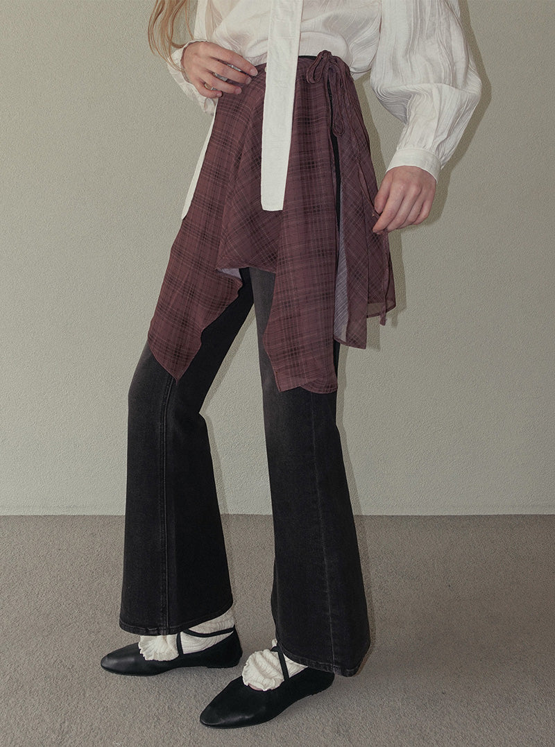 Bran check see-through wrap skirt