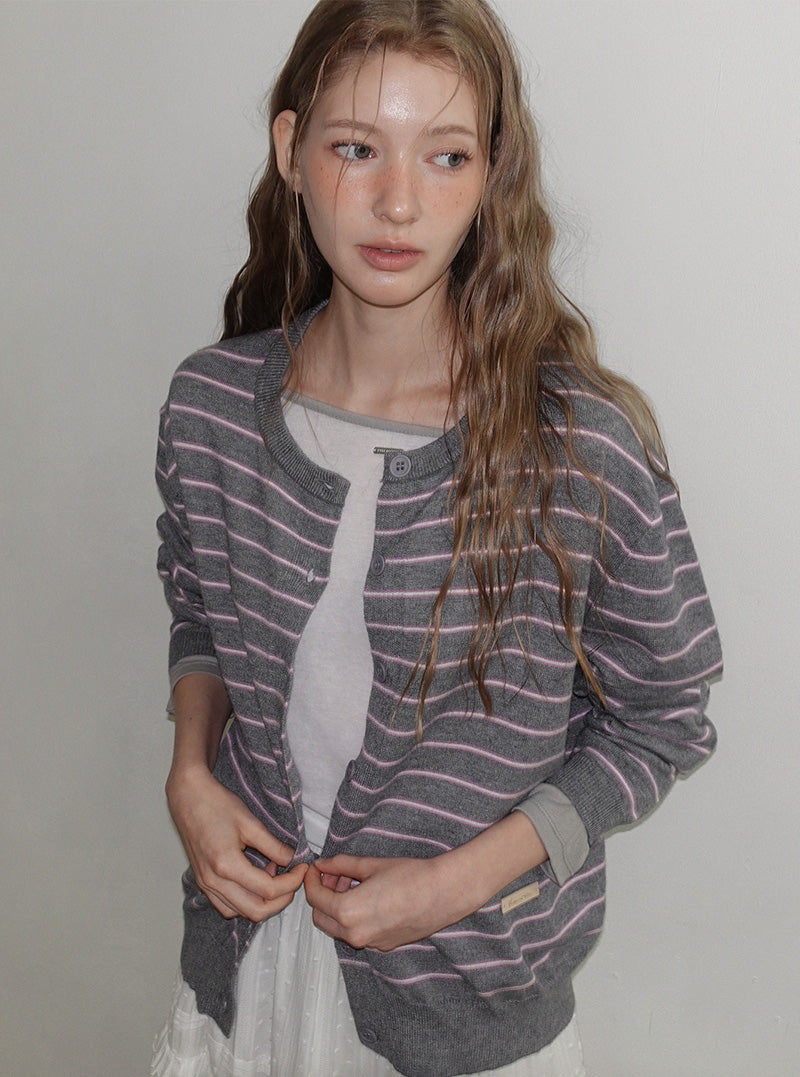 Turns stripe round neck long sleeve cardigan