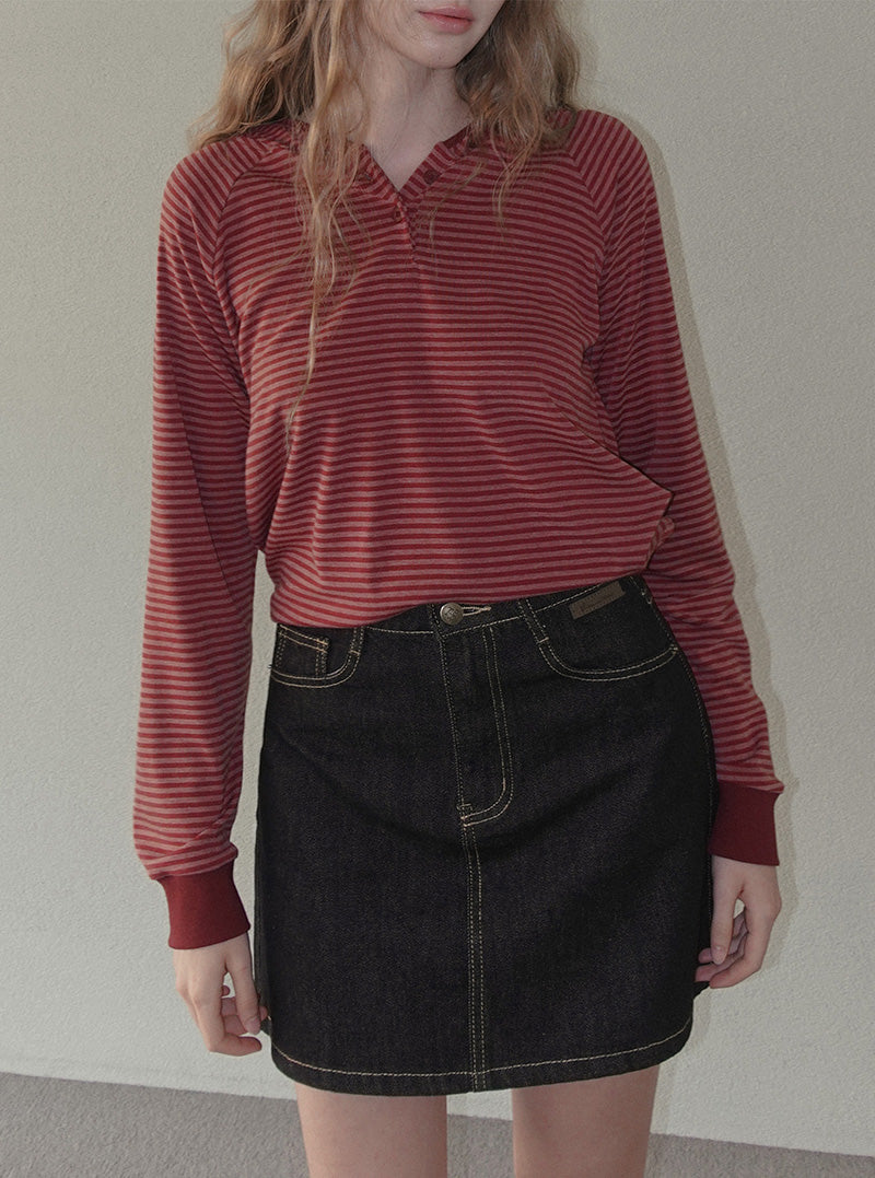 Rori stripe button hood long sleeve T-shirt