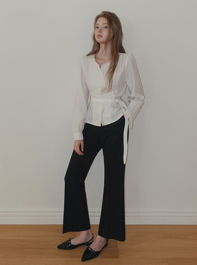 Binre pintuck round neck long sleeve blouse (strap set)