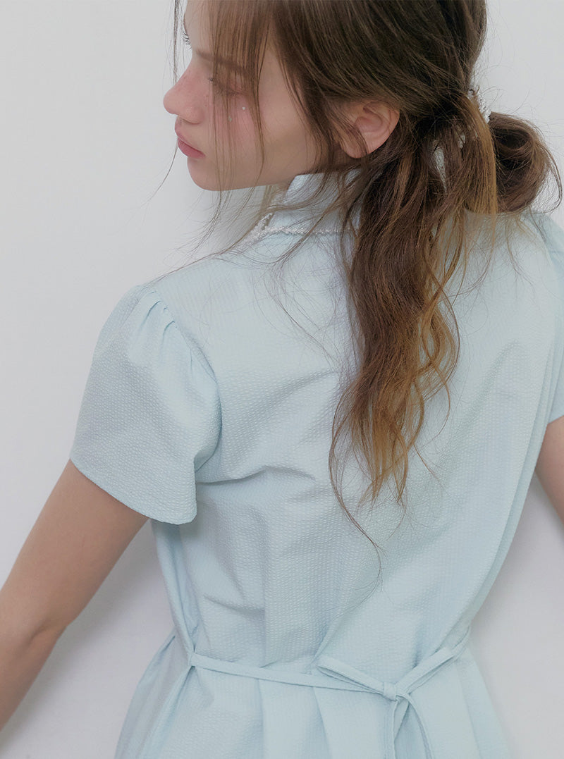 Diring open collar seersucker pintuck long dress
