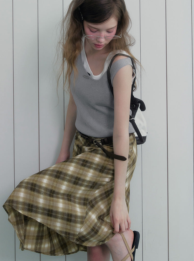 Tozdi check unbalance midi skirt strap set