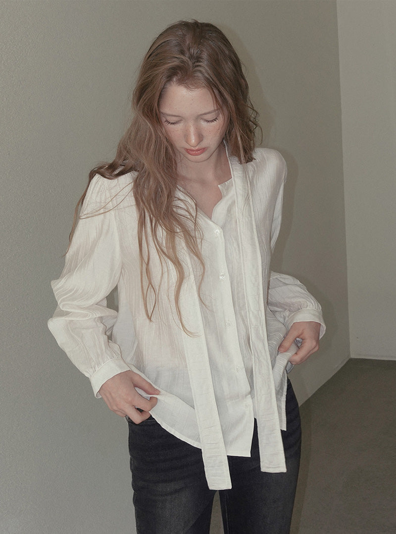 Bulkin wrinkle pintuck tie long sleeve blouse