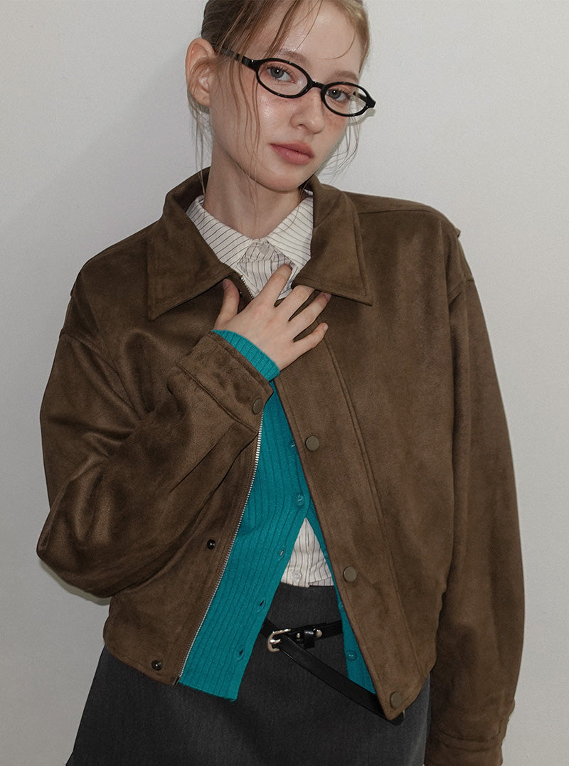 Lati semi-cropped collar long sleeve jumper (leather/suede)