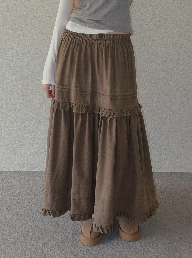 Ridil suede frill flare long skirt