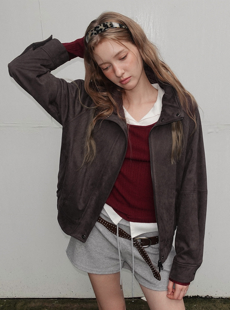 London high-neck suede blouson jumper