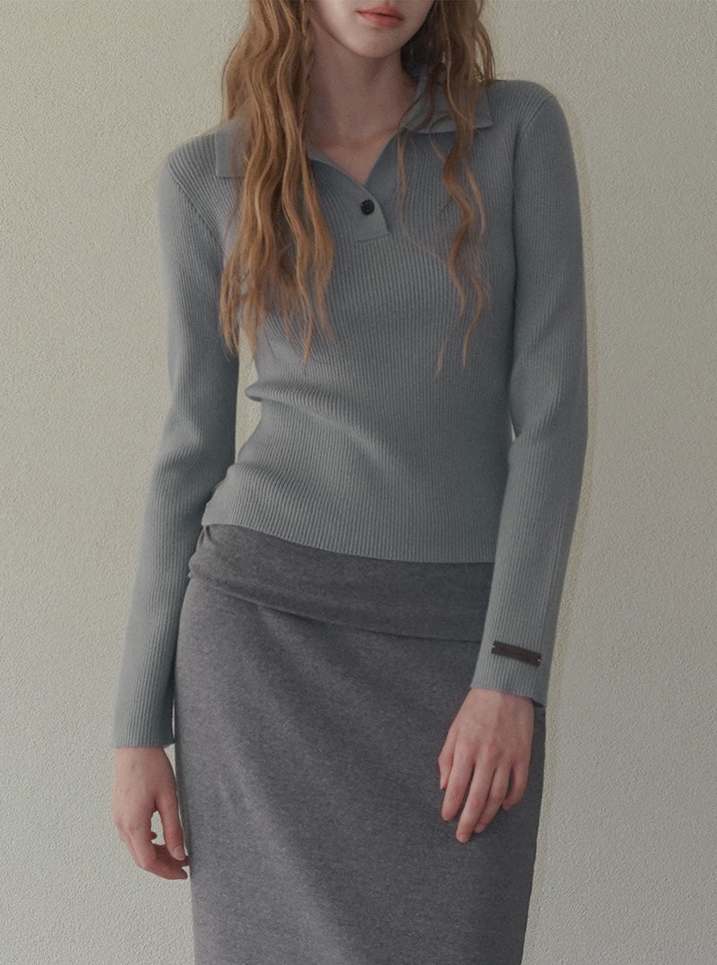 Sireon onebutton collar ribbed long sleeve knit