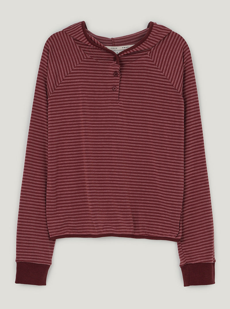 Rori stripe button hood long sleeve T-shirt