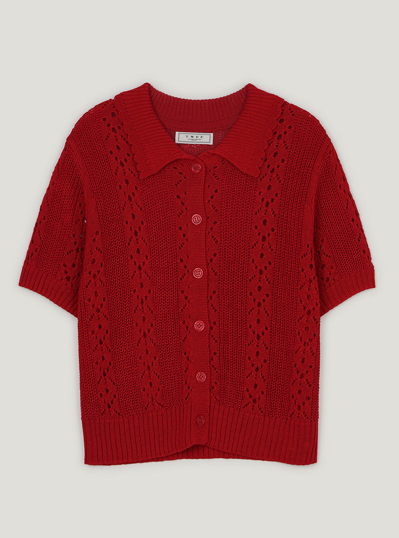 Youd punching collar knit short sleeve cardigan