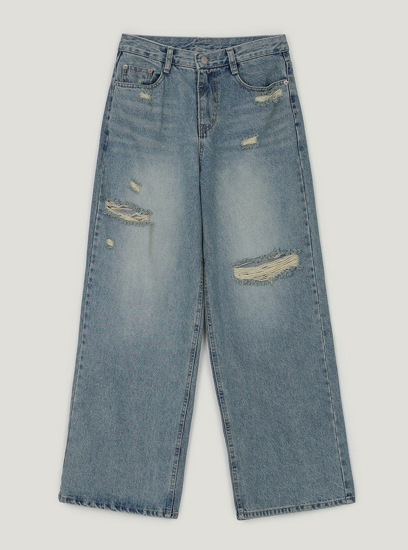 Ranble distressed wide-leg long denim pants