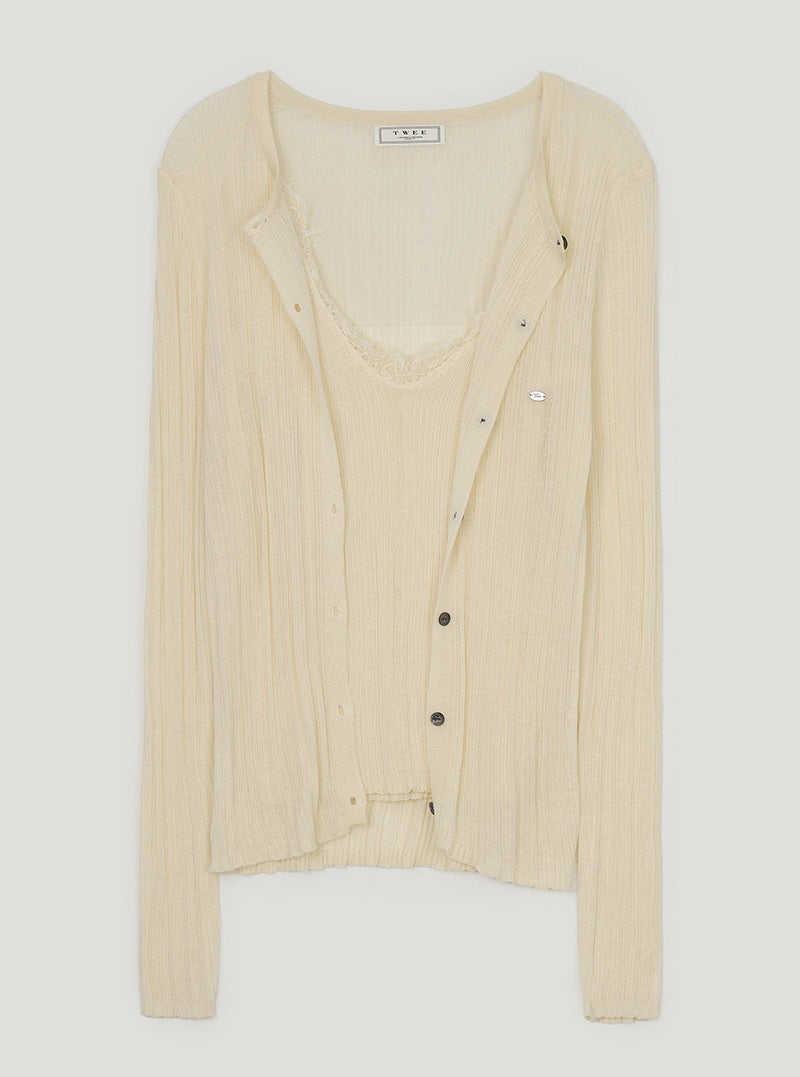 Ticon lace ribbed sleeveless cardigan set