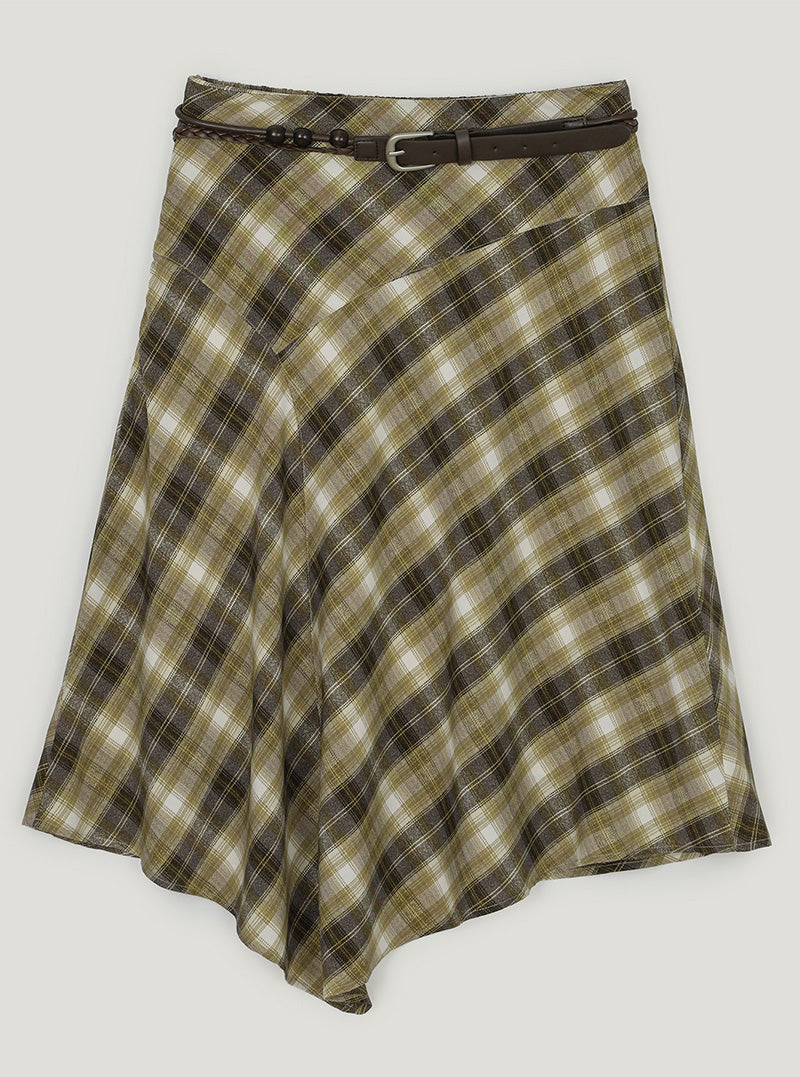 Tozdi check unbalance midi skirt strap set