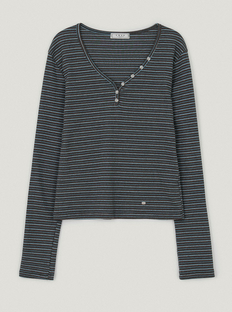 Goben stripe button long sleeve T-shirt