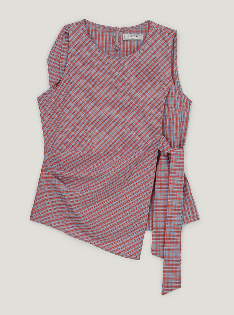 Conf check unbalanced wrap blouse