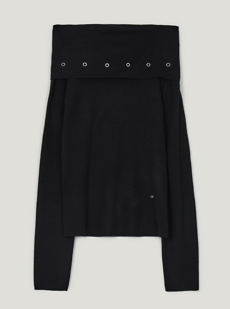 Ripke eyelet off-shoulder long sleeve knit