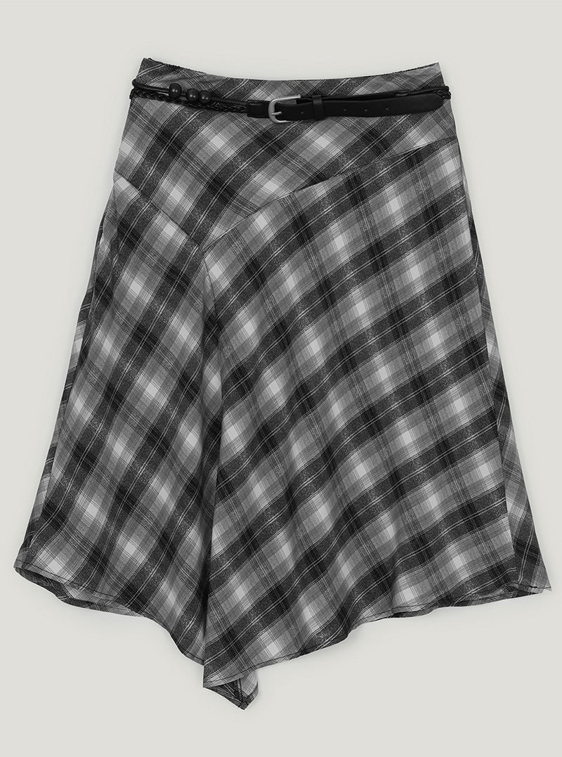 Tozdi check unbalance midi skirt strap set