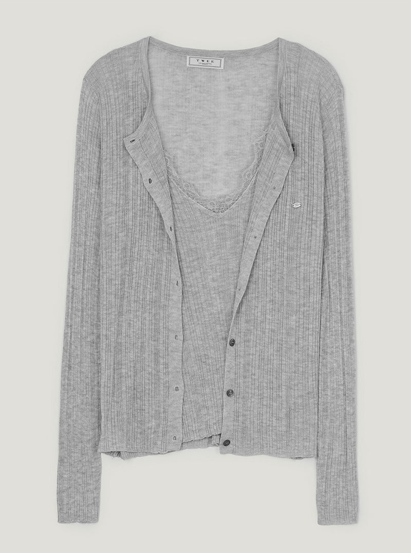 Ticon lace ribbed sleeveless cardigan set