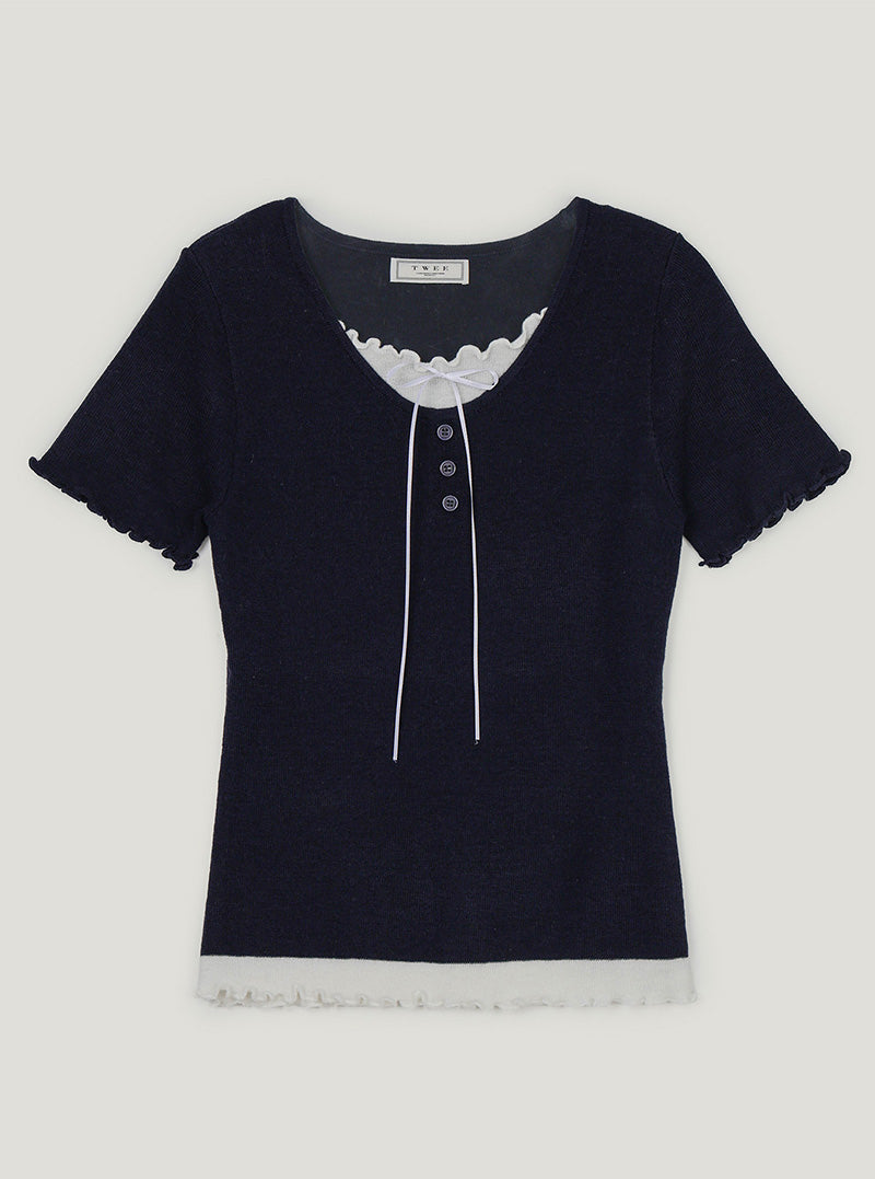 Bette ribbon contrast layered short sleeve knit