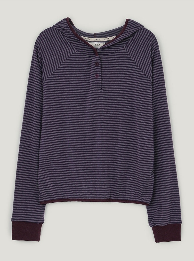 Rori stripe button hood long sleeve T-shirt