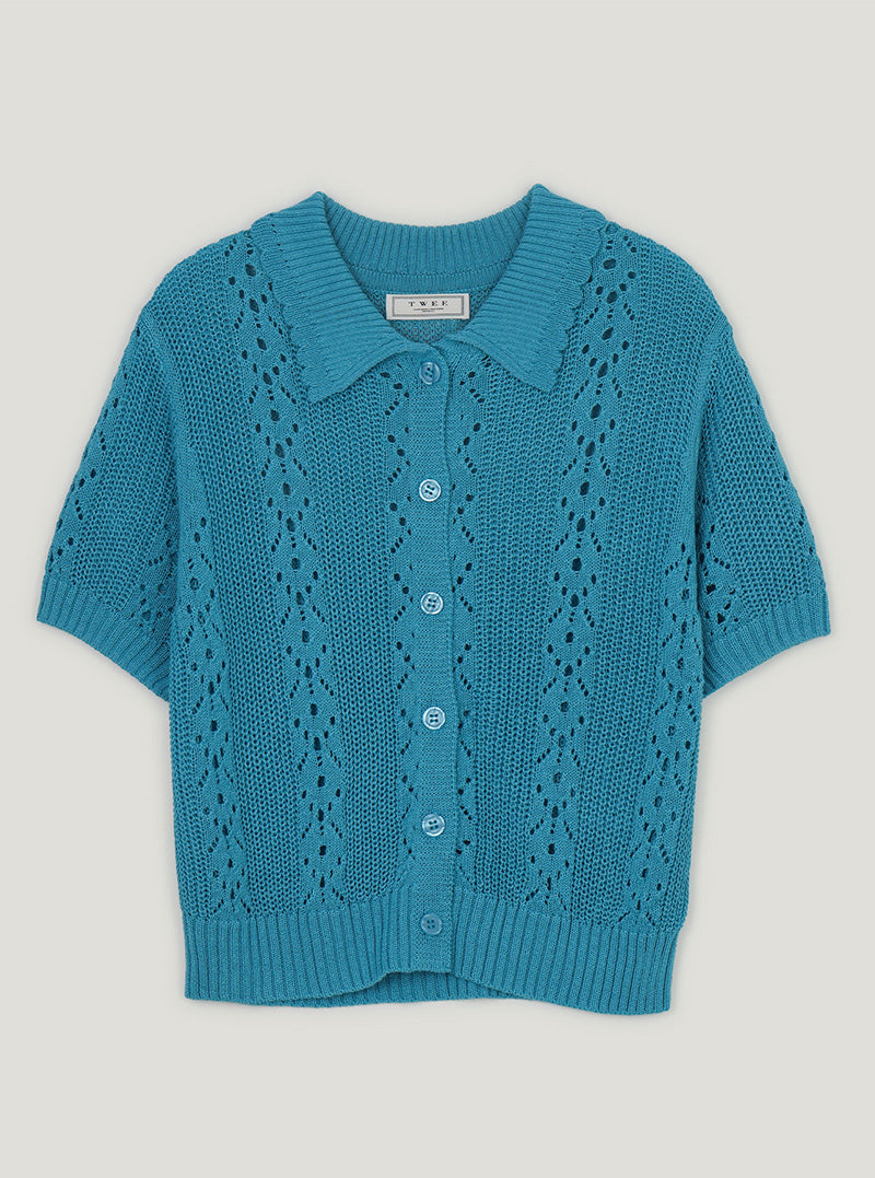 Youd punching collar knit short sleeve cardigan