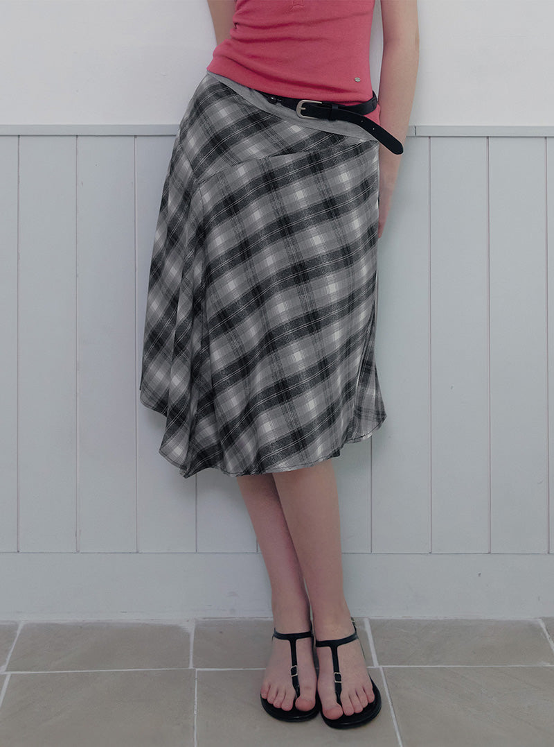 Tozdi check unbalance midi skirt strap set