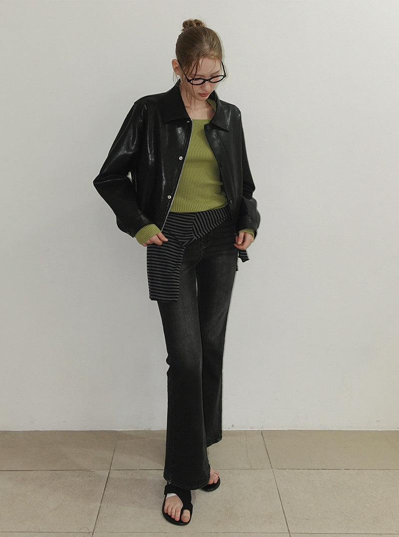 Lati semi-cropped collar long sleeve jumper (leather/suede)