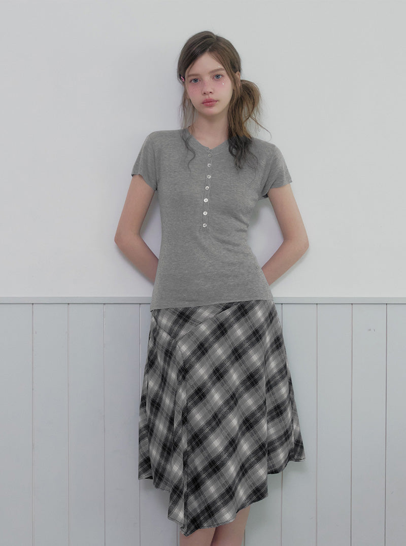Tozdi check unbalance midi skirt strap set