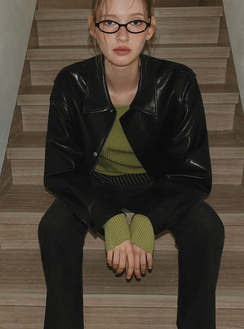 Lati semi-cropped collar long sleeve jumper (leather/suede)