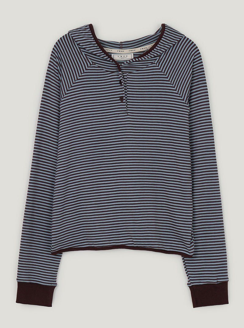 Rori stripe button hood long sleeve T-shirt