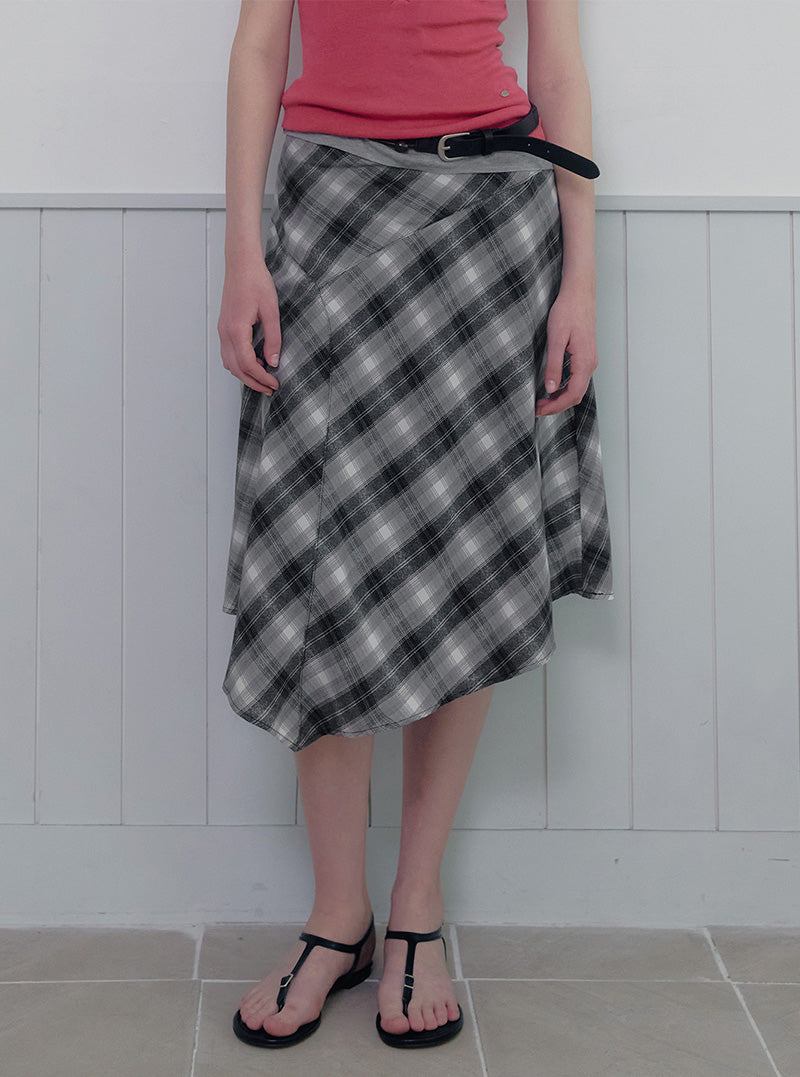Tozdi check unbalance midi skirt strap set