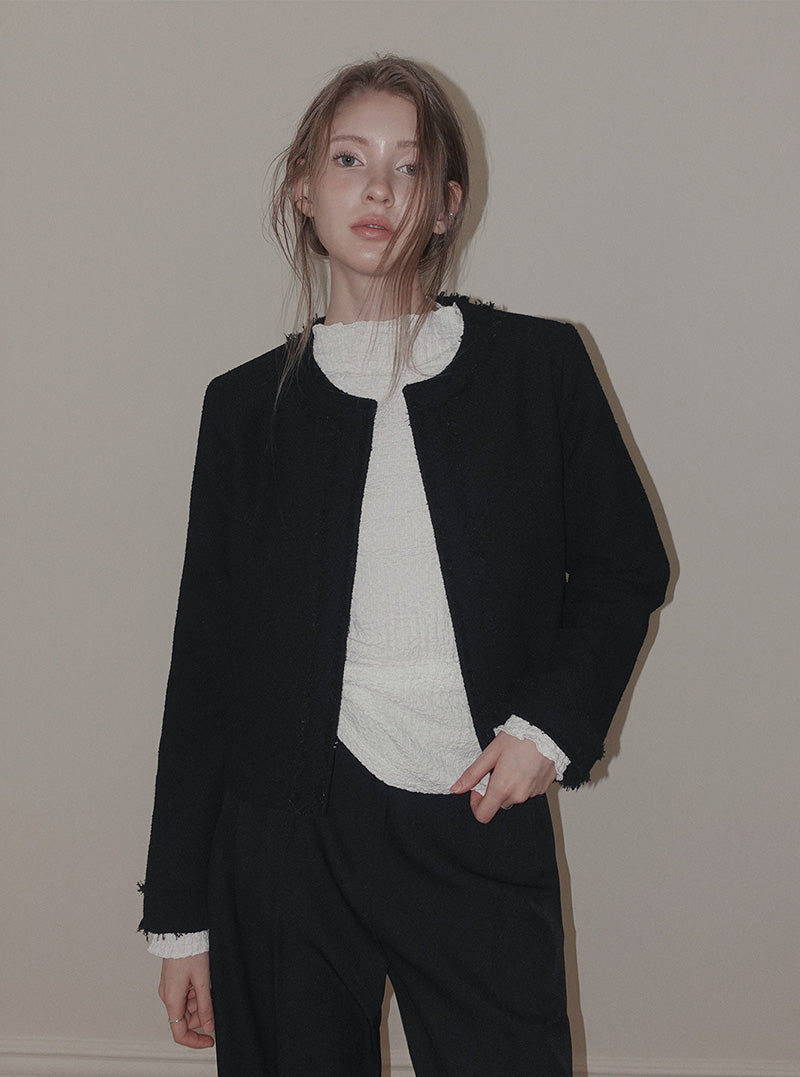 Pilo fringe cropped tweed long sleeve jacket