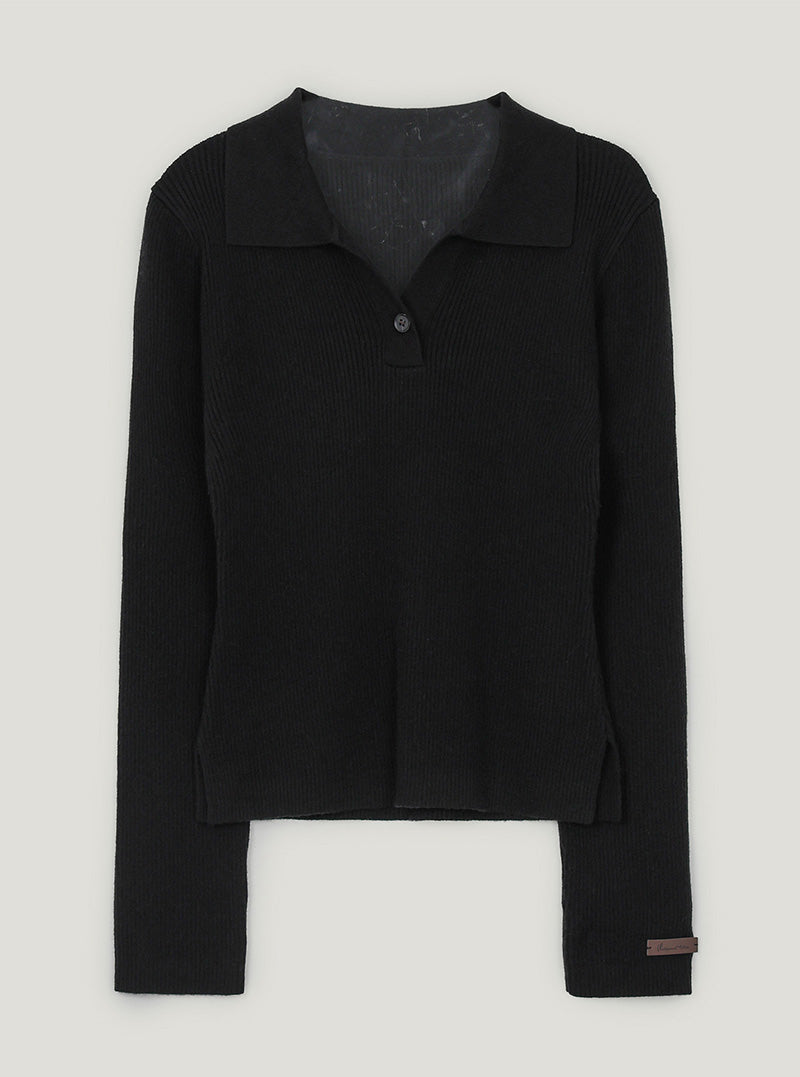 Sireon onebutton collar ribbed long sleeve knit
