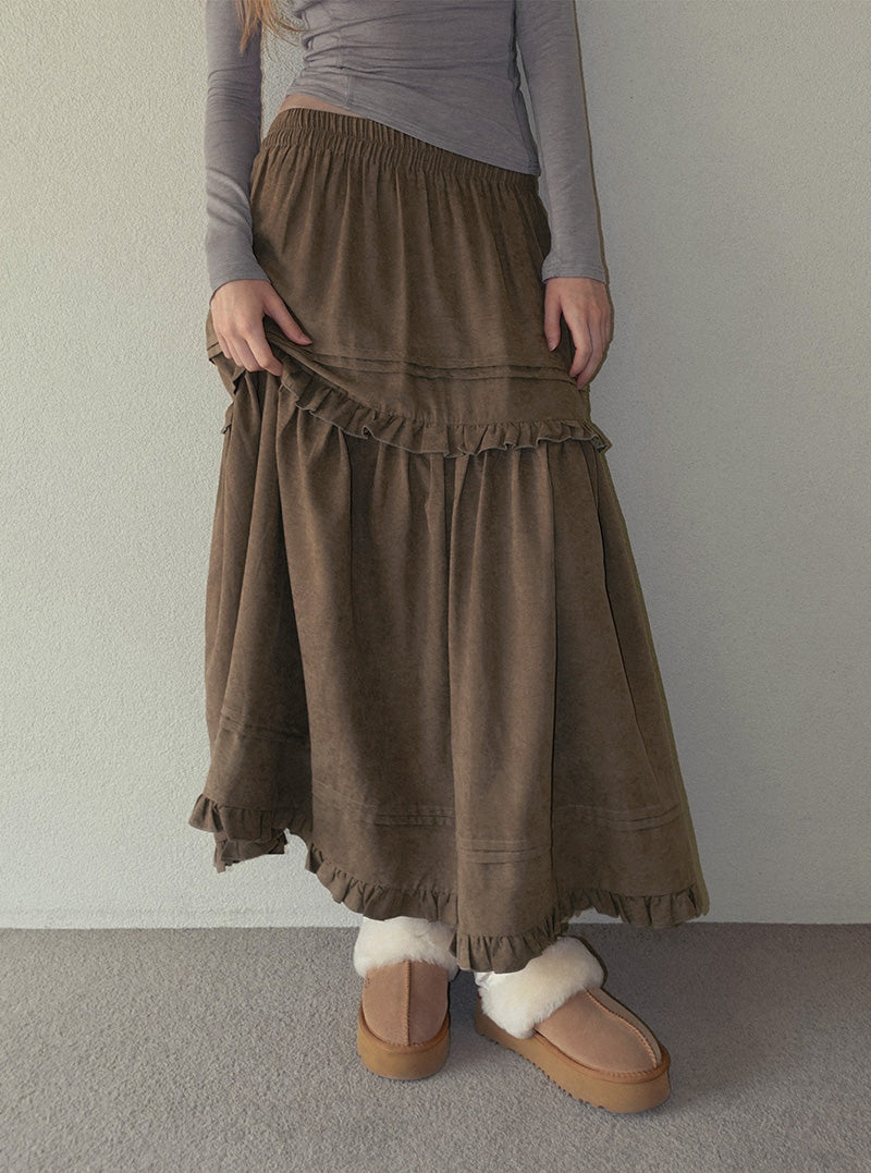 Ridil suede frill flare long skirt