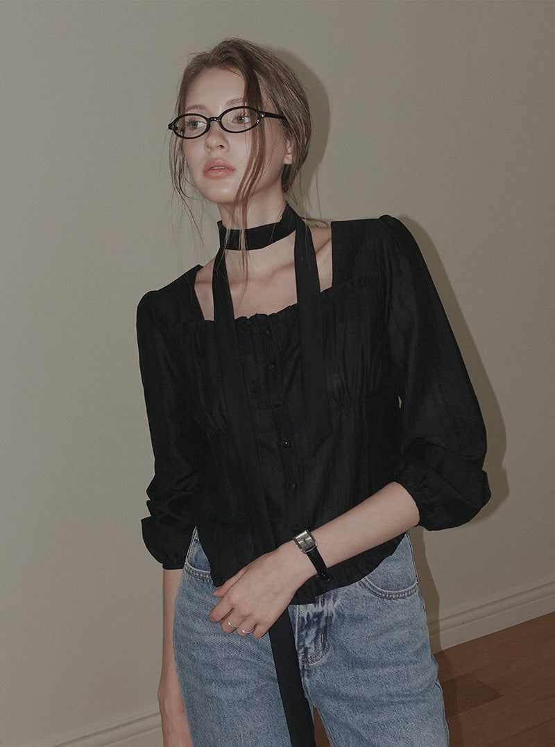 Etis square neck frill long sleeve blouse (strap set)