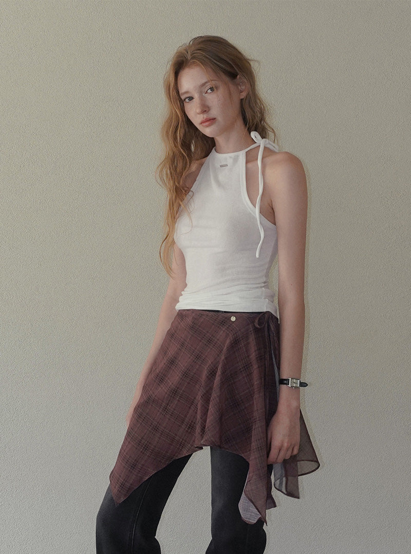 Bran check see-through wrap skirt