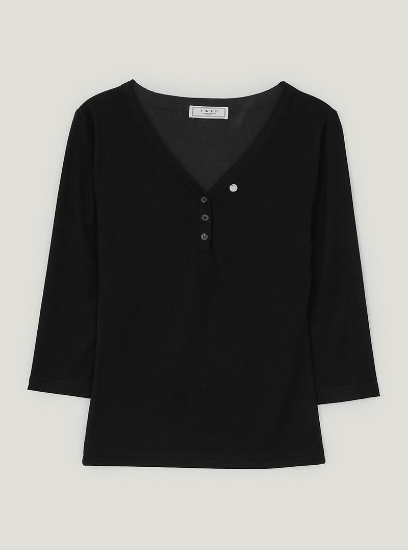 Main button Henley neck three-quarter sleeve T-shirt