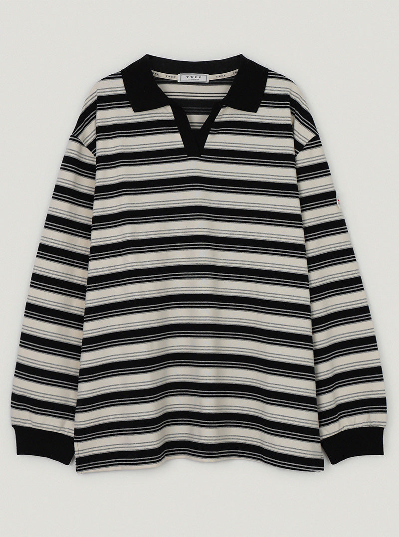 Haute stripe contrast collar long sleeve T-shirt