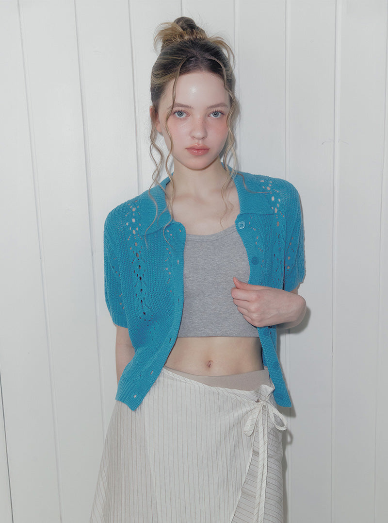 Youd punching collar knit short sleeve cardigan