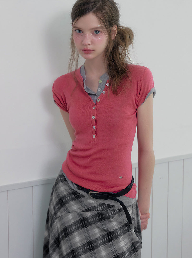 Nien shell button short sleeve knit