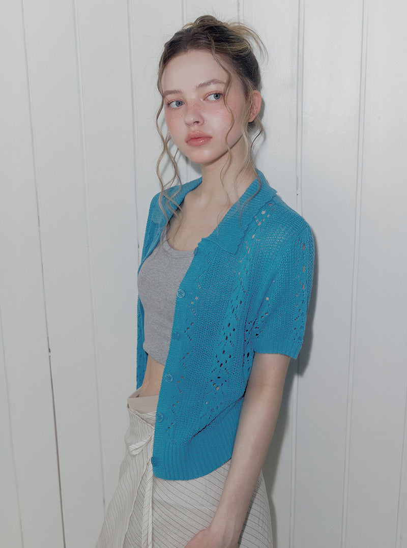 Youd punching collar knit short sleeve cardigan