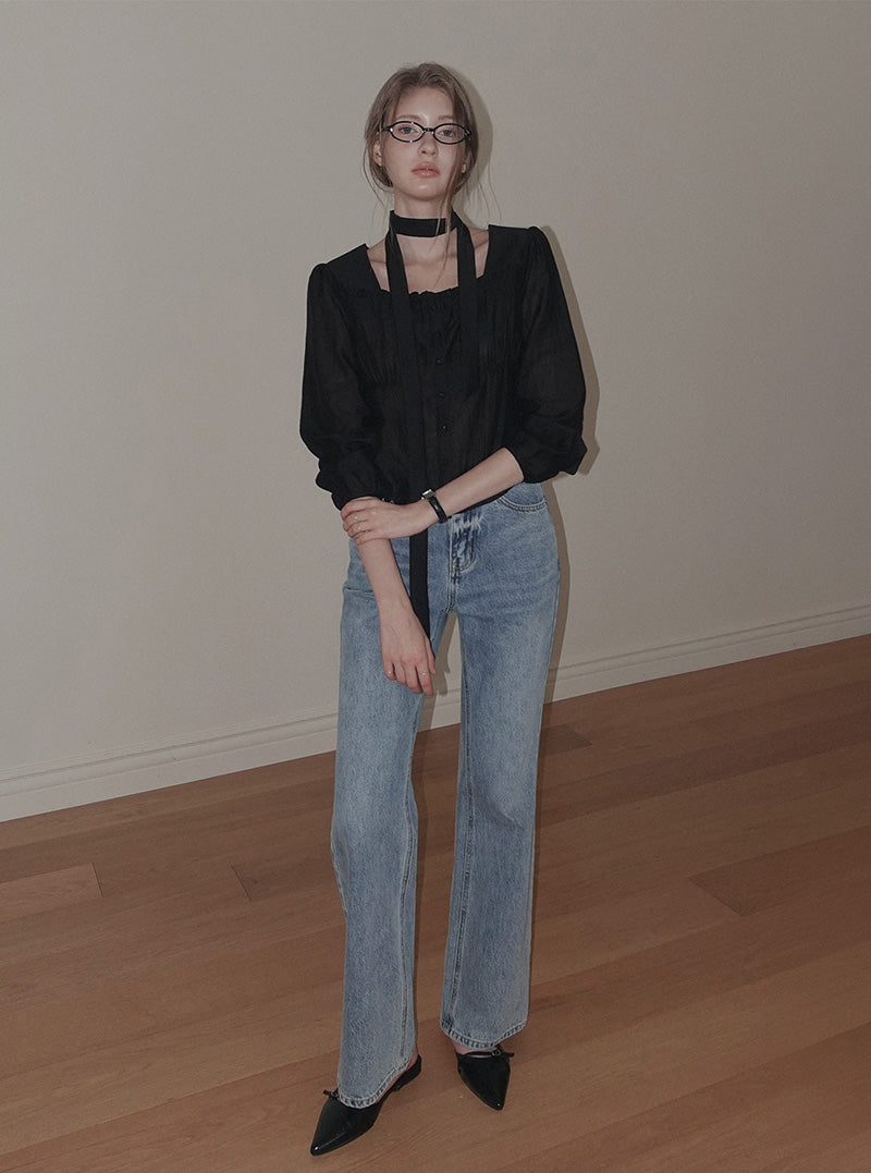 Etis square neck frill long sleeve blouse (strap set)