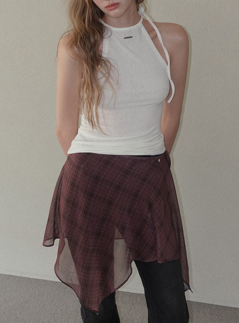 Bran check see-through wrap skirt