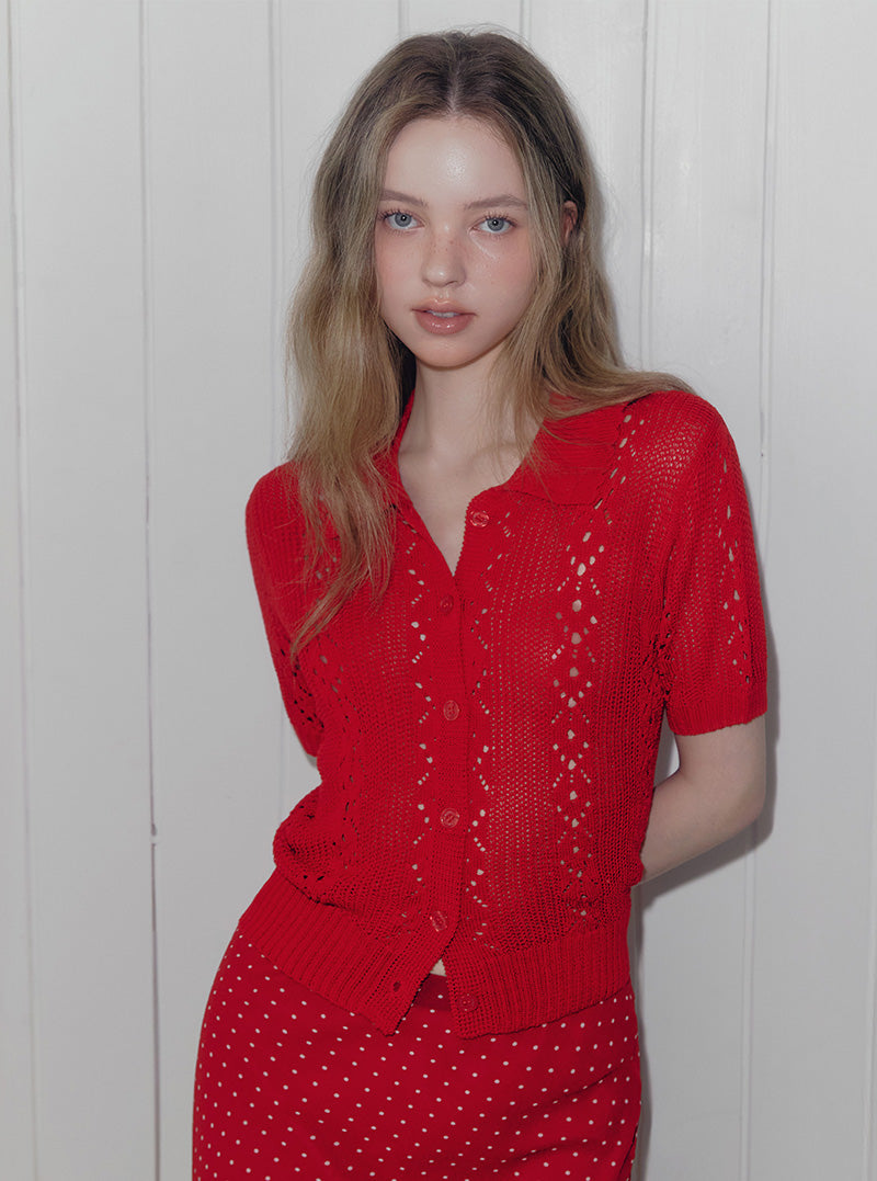 Youd punching collar knit short sleeve cardigan