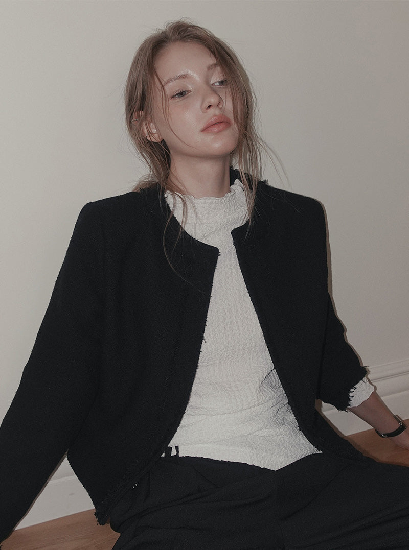 Pilo fringe cropped tweed long sleeve jacket